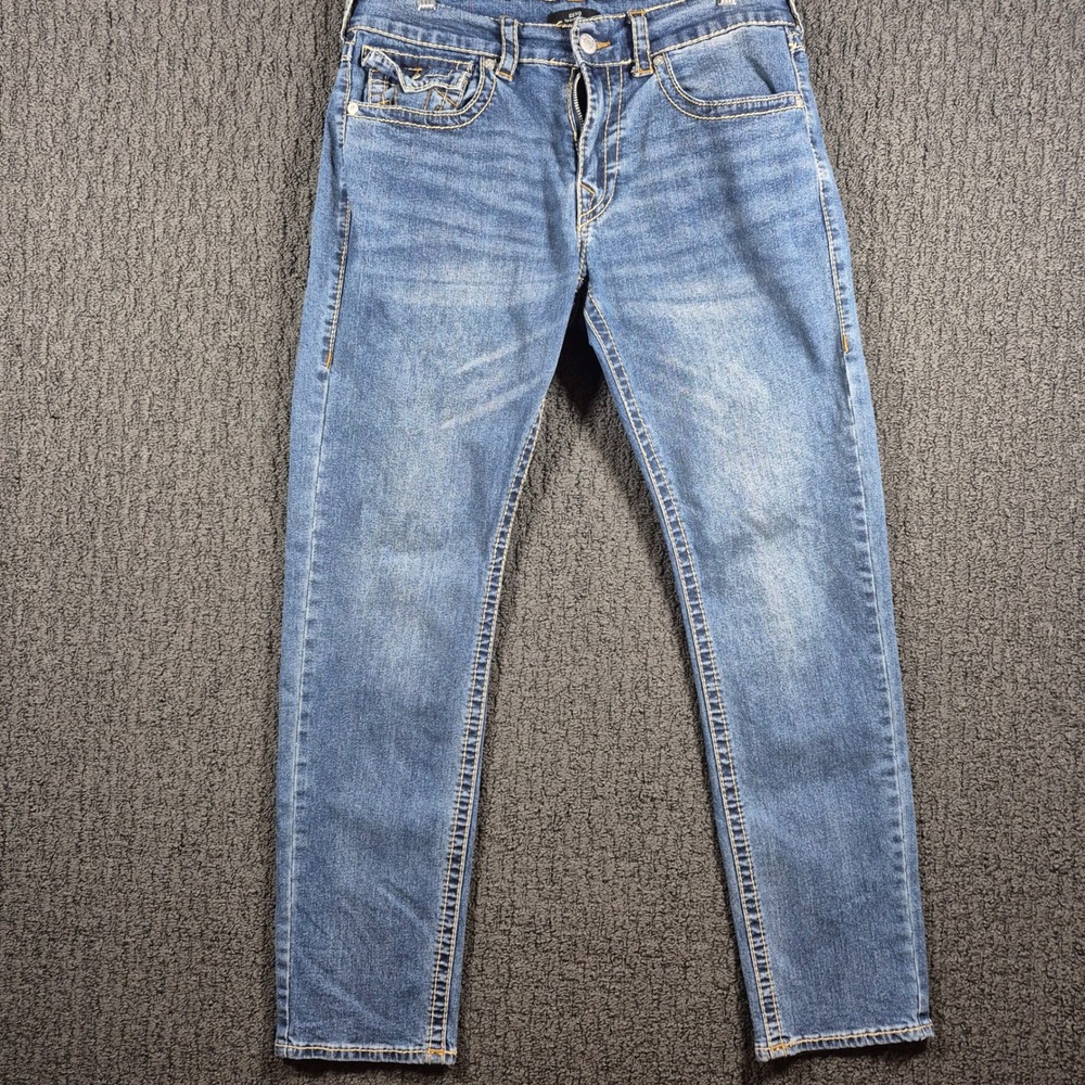 True Religion Geno Relaxed Slim Jeans Mens 33 Blue Gold Stitch Flap Pocket
